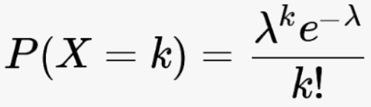 P(X=k)= (lambda^ke^(-lambda))/k! 