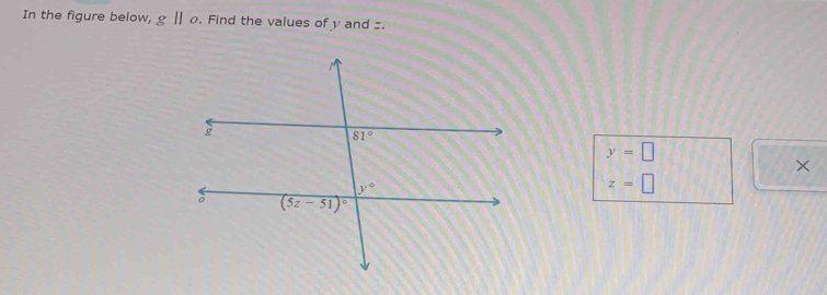 In the figure below, gparallel o. Find the values of y and .
y=□
×
z=□