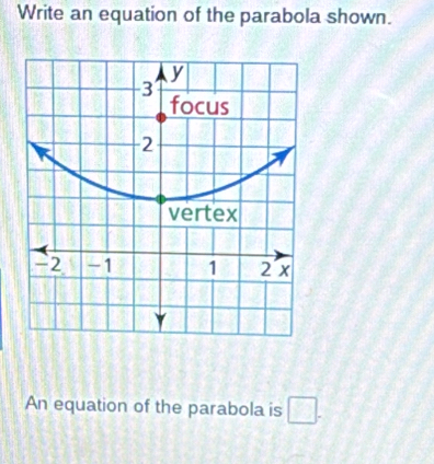 Write an equation of the parabola shown.
y
-3
focus
2
vertex
-2 -1 1 2 x
An equation of the parabola is □ .