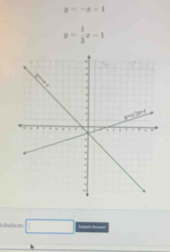 Solve the system of equations graphed on the coordinate axes below.
y=-x-1
y= 1/3 x-1