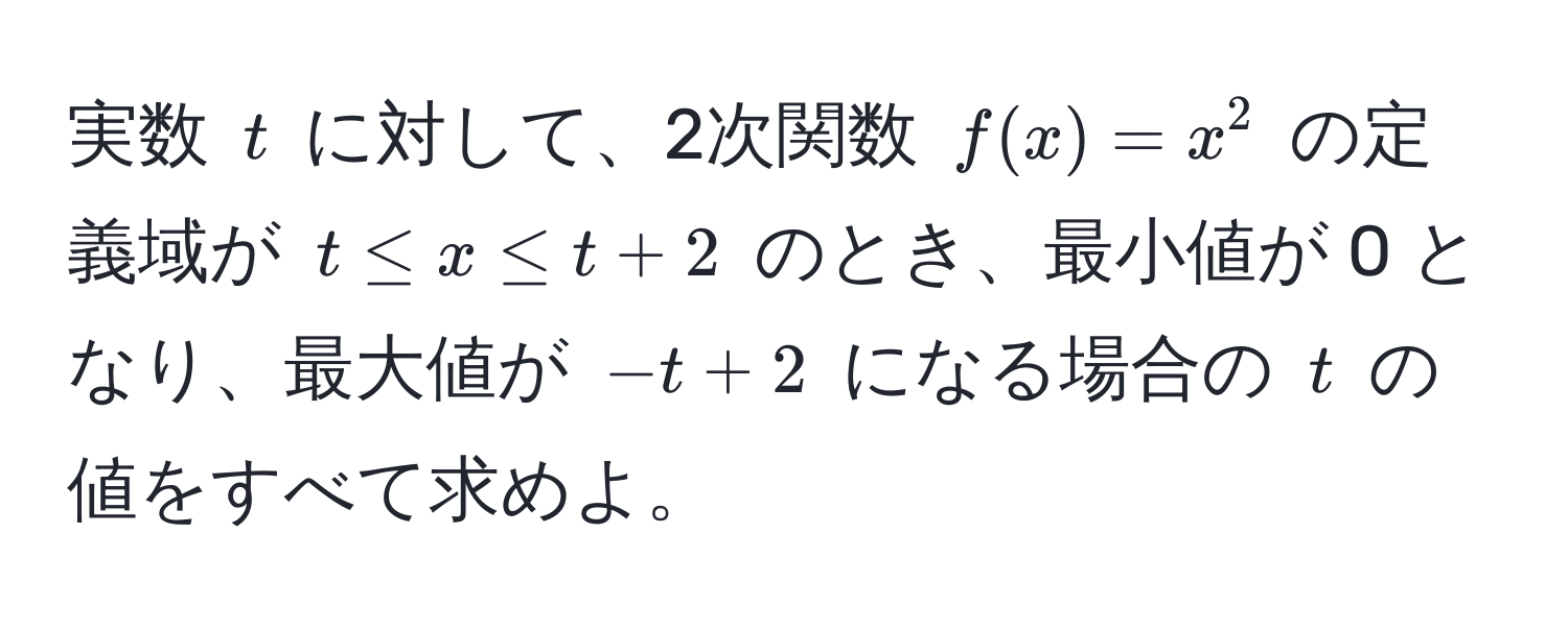 実数 $t$ に対して、2次関数 $f(x) = x^2$ の定義域が $t ≤ x ≤ t + 2$ のとき、最小値が 0 となり、最大値が $-t + 2$ になる場合の $t$ の値をすべて求めよ。