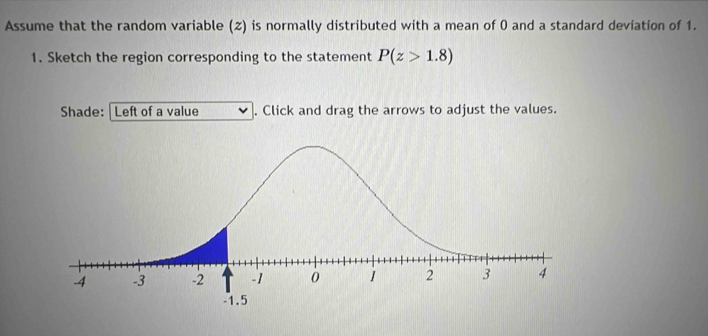 Assume that the random variable (2) is normally distributed with a mean of 0 and a standard deviation of 1. 
1. Sketch the region corresponding to the statement P(z>1.8)
Shade:| Left of a value . Click and drag the arrows to adjust the values.