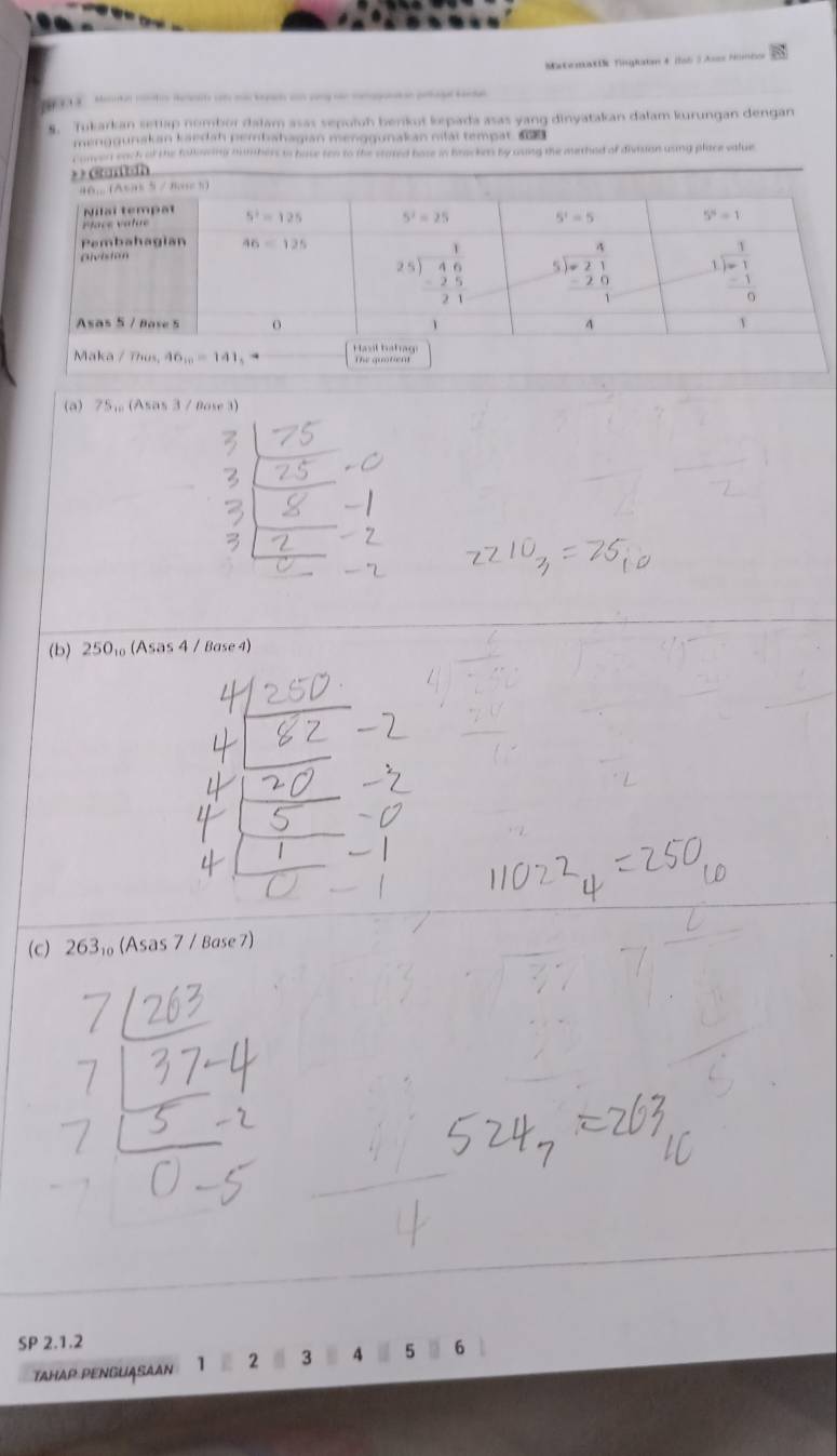 MtematDe Tingltan 4 1ab 5 Ases Nombor
S. Tukarkan setlap nombor dalam asas sepoluh benkut kepada asas yang dinyatakan dalam kurungan dengan
menggunakan kaedah pembahagian menggunakan nilai tempat 
methed of divmuan usng place value
(a) 75, (Asas 3 / Bose 3)
(b) 250₁ (Asas 4 / Base 4)
(c)263₁( △ S as 7 / Base 7)
SP 2.1.2 6
TAHAP PENGUASAAN 1  2 3 4 5