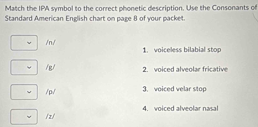 Solved: Match the IPA symbol to the correct phonetic description. Use ...