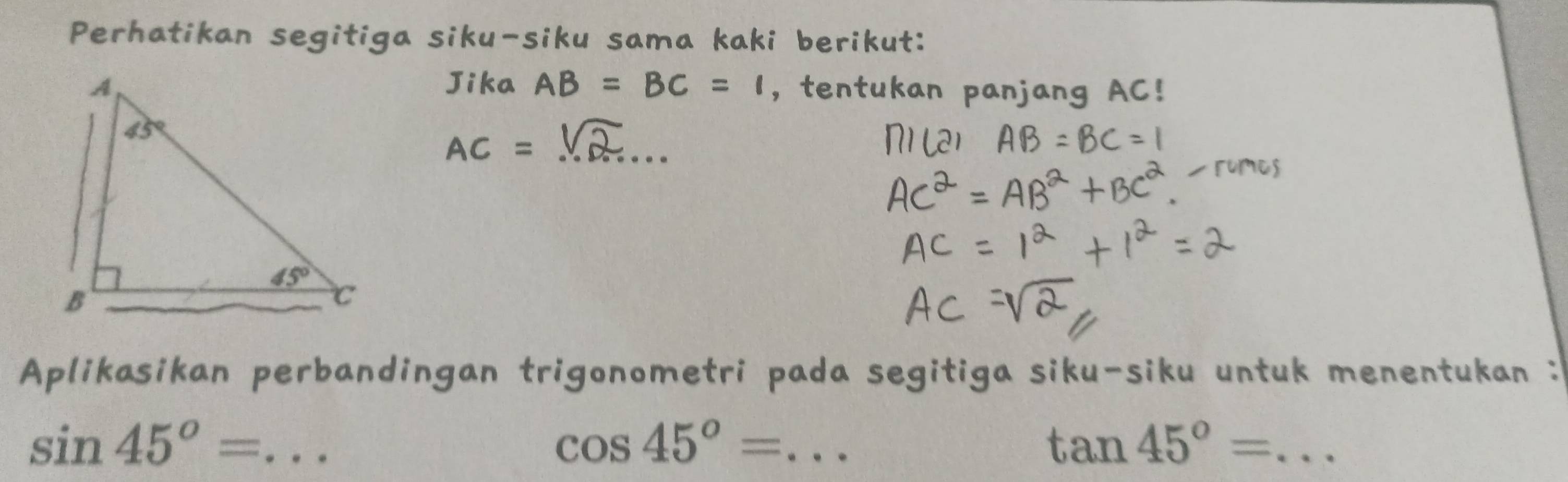 Perhatikan segitiga si sama kaki  e r i k ut 
Aplikasikan perbandingan trigonometri pada segitiga siku-siku untuk menentukan :
sin 45°= _
_ cos 45°=
_ tan 45°=