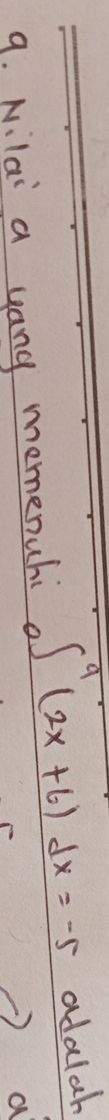 Nilai a uang memenuhi ∈t^9_0(2x+6)dx=-5 adalah 
) a