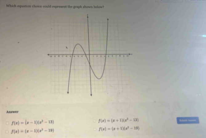 Which equation choice could represent the graph shown below?
Answer
f(x)=(x-1)(x^2-13)
f(x)=(x+1)(x^2-13)
Bubaali Namn
f(x)=(x-1)(x^2-19)
f(x)=(x+1)(x^2-19)