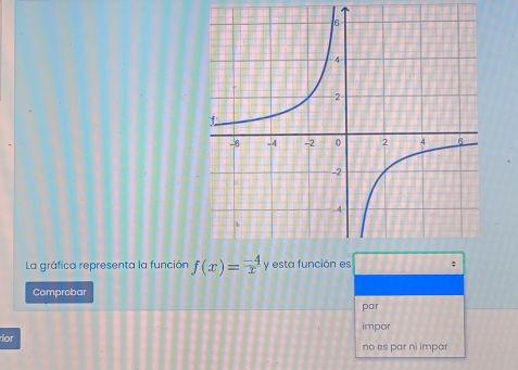 La gráfica representa la función f(x)= (-4)/x  y esta función es
Comprobar
par
impar
ior no es par ni impar