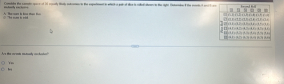 Consider the sample space of 36 egully tly outcomes to the expedment in which a par of dice is coked) shoe (to the righh). Detamine it the comts A and 2 a
mutually meclusive. Svond Rol
A The sum is less thun tivs  (1,1)(1,2)(1,3)(1,4)(1,3)(1,6)
B The sum is odd.
 3(0.1)(1.2)(2.3)(2.4)(2.3)(2.6)
 (3.1)(3.2)(3.3)(1.4)(3.5)(1.6)
[](4,1)(4,2)(4,3)(4,4)(4,5)(4,6)
[3](3,1)(3,2)(5,3)(5,4)(5,5)(3,6)
□ |(6.I)(K.I)(6.7)(6.4)(6.5)(6.8)
Are the events mutually exclusive?
Yes
No