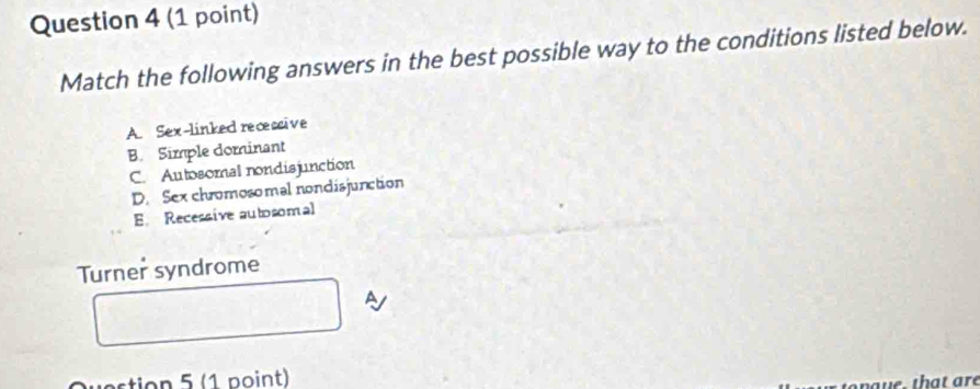 Match the following answers in the best possible way to the conditions listed below.
A. Sex-linked recessive
B. Simple dominant
C. Autosomal nondisjunction
D. Sex chromosomal nondisjunction
E. Recessive autosomal
Turner syndrome
A
astion 5 (1 point)
n a u e that are