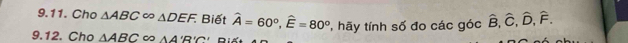 Cho △ ABC ∞ △ DEF. Biết widehat A=60°, widehat E=80° , hãy tính số đo các góc hat B, hat C, hat D, hat F. 
9.12. Cho △ ABC ∞ A'B'C