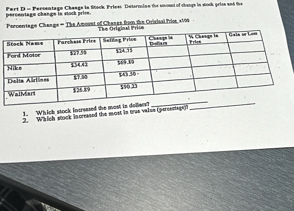 Percentage Change in Stock Price: Determine the amount of change in stock price and the 
percentage change in stock price. 
Percentage Change = The Amount of Change from the Original Price x100
The Original Price 
1. Which stock increas 
2. Which stock increased the most in true value (perce