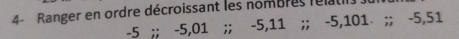 4- Ranger en ordre décroissant les nombres relatis
-5;; -5, 01;; -5, 11;; -5, 101;; -5, 51