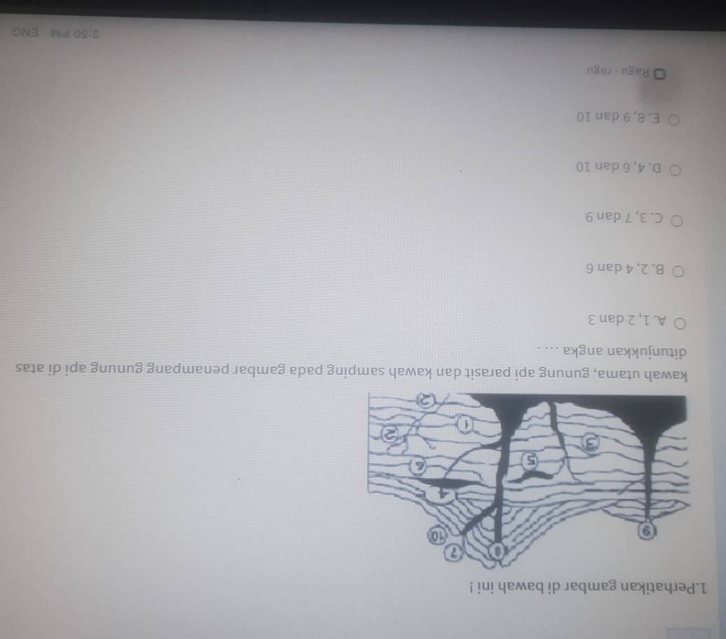 Perhatikan gambar di bawah ini !
kawah utama, gunung api parasit dan kawah samping pada gambar penampang gunung api di atas
ditunjukkan angka ... .
A. 1, 2 dan 3
B. 2, 4 dan 6
C. 3, 7 dan 9
D. 4, 6 dan 10
E. 8, 9 dan 10
Ragu - ragu
2:50 PM ENG