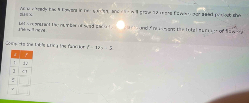 Anna already has 5 flowers in her garden, and she will grow 12 more flowers per seed packet she 
plants. 
Lets represent the number of seed packets s o plants and f represent the total number of flowers 
she will have. 
Complete the table using the function f=12s+5.