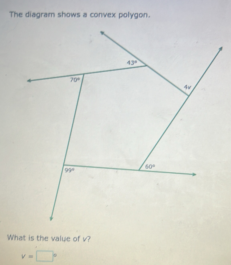 The diagram shows a convex polygon.
What is the valye of v?
v=□°