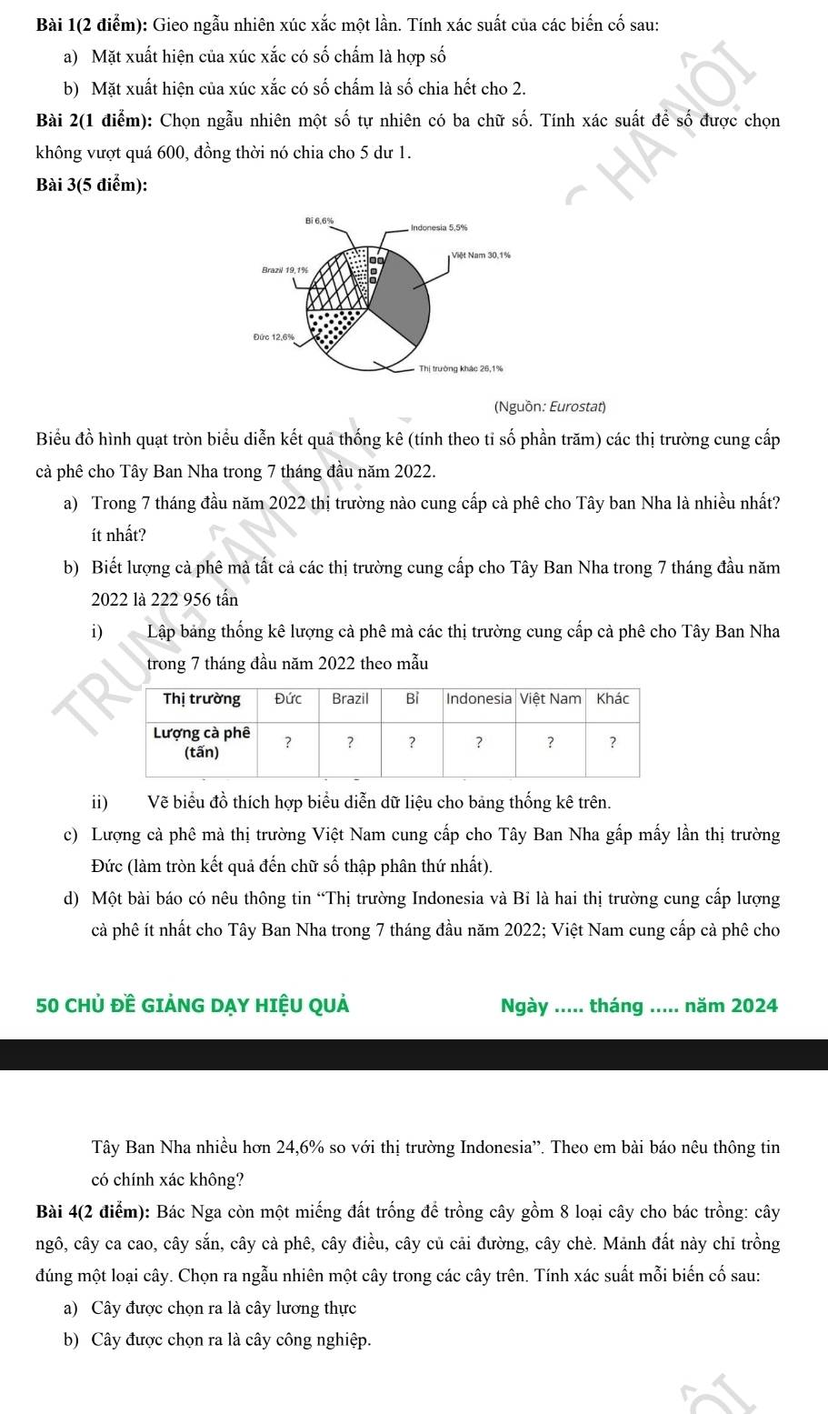 Bài 1(2 điểm): Gieo ngẫu nhiên xúc xắc một lần. Tính xác suất của các biến cố sau:
a) Mặt xuất hiện của xúc xắc có số chấm là hợp số
b) Mặt xuất hiện của xúc xắc có số chấm là số chia hết cho 2.
Bài 2(1 điểm): Chọn ngẫu nhiên một số tự nhiên có ba chữ số. Tính xác suất để số được chọn
không vượt quá 600, đồng thời nó chia cho 5 dư 1.
Bài 3(5 điểm):
(Nguồn: Eurostat)
Biểu đồ hình quạt tròn biểu diễn kết quả thống kê (tính theo tỉ số phần trăm) các thị trường cung cấp
cả phê cho Tây Ban Nha trong 7 tháng đầu năm 2022.
a) Trong 7 tháng đầu năm 2022 thị trường nào cung cấp cà phê cho Tây ban Nha là nhiều nhất?
ít nhất?
b) Biết lượng cả phê mà tất cả các thị trường cung cấp cho Tây Ban Nha trong 7 tháng đầu năm
2022 là 222 956 tần
i) Lập bảng thống kê lượng cả phê mà các thị trường cung cấp cả phê cho Tây Ban Nha
trong 7 tháng đầu năm 2022 theo mẫu
ii) Vẽ biểu đồ thích hợp biểu diễn dữ liệu cho bảng thống kê trên.
c) Lượng cả phê mà thị trường Việt Nam cung cấp cho Tây Ban Nha gấp mấy lần thị trường
Đức (làm tròn kết quả đến chữ số thập phân thứ nhất).
d) Một bài báo có nêu thông tin “Thị trường Indonesia và Bỉ là hai thị trường cung cấp lượng
cả phê ít nhất cho Tây Ban Nha trong 7 tháng đầu năm 2022; Việt Nam cung cấp cả phê cho
50 CHủ Đề GIẢNG DẠY HIệU QUả Ngày ..... tháng ..... năm 2024
Tây Ban Nha nhiều hơn 24,6% so với thị trường Indonesia”. Theo em bài báo nêu thông tin
có chính xác không?
Bài 4(2 điểm): Bác Nga còn một miếng đất trống để trồng cây gồm 8 loại cây cho bác trồng: cây
ngô, cây ca cao, cây sắn, cây cả phê, cây điều, cây củ cải đường, cây chè. Mảnh đất này chỉ trồng
đúng một loại cây. Chọn ra ngẫu nhiên một cây trong các cây trên. Tính xác suất mỗi biến cố sau:
a) Cây được chọn ra là cây lương thực
b) Cây được chọn ra là cây công nghiệp.