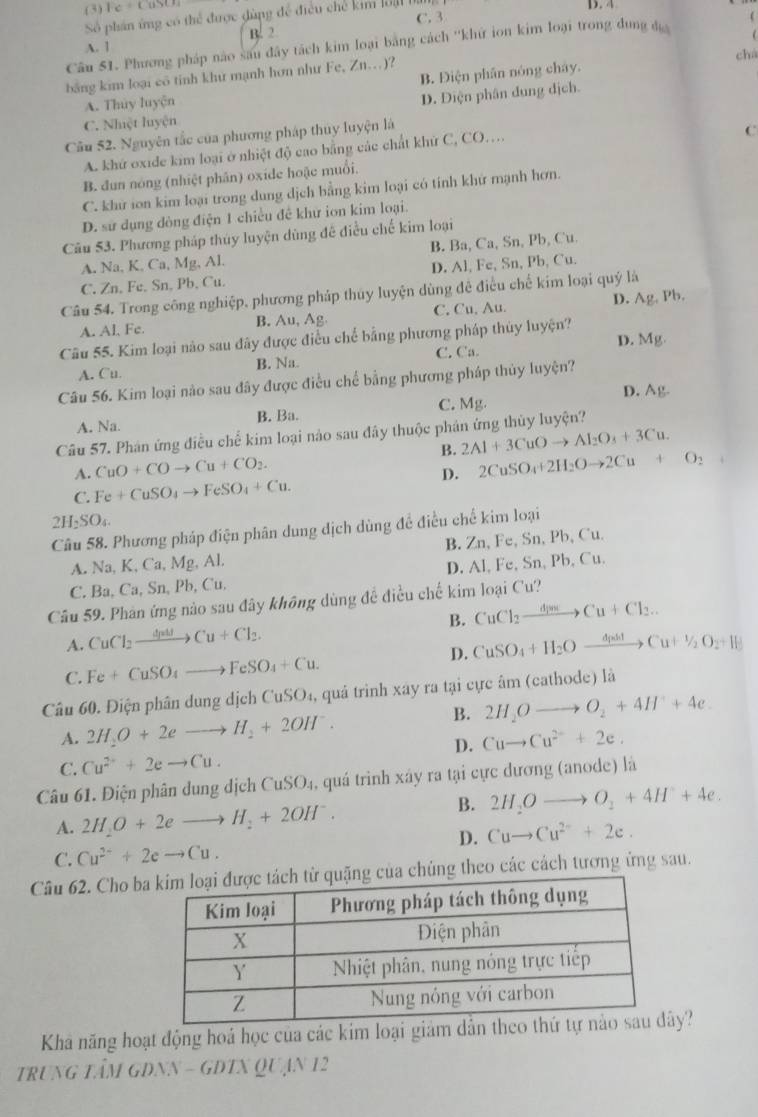 (3) Fe=CuSO D. 4
C. 3
Số phần ứng có thể được đùng để điều chế kim ô b
A. 1 B. 2
Câu 51. Phương pháp nào sau đây tách kim loại bằng cách ''khứ ion kim loại trong dung đ (
chà
bằng kim loại cô tinh khư mạnh hơn như Fe, Zn…)?
A. Thuy luyện B. Điện phân nóng chây.
D. Diện phân đung dịch.
C. Nhệt luyện
Cầu 52. Nguyên tắc của phương pháp thuy luyện là
A. khứ oxide kim loại ở nhiệt độ cao bằng các chất khử C, CO…
C
B. đun nóng (nhiệt phân) oxide hoặc muổi.
C. khữ ion kim loại trong dung dịch bằng kim loại có tính khứ mạnh hơn.
D. sử dụng dòng điện 1 chiều đề khử ion kim loại.
Câu 53. Phương pháp thủy luyện dùng đề điều chế kim loại
B. Ba, Ca, Sn, Pb, Cu.
A. Na, K. Ca, Mg, Al.
C. Zn, Fe, Sn, Pb, Cu. D. Al, Fe, Sn, Pb, Cu.
Câu 54. Trong công nghiệp, phương pháp thủy luyện dùng đề điều chế kim loại quý là
A. Al、 Fe. B. Au,Ag C, Cu, Au. D. Ag, Pb.
Câu 55. Kim loại nào sau đây được điều chế bằng phương pháp thủy luyện? D. Mg.
A. Cu. B. Na. C. Ca.
Câu 56. Kim loại nào sau đây được điều chế bằng phương pháp thủy luyện?
D. Ag.
A. Na. B. Ba. C. Mg.
Câu 57. Phản ứng điều chế kim loại nào sau đây thuộc phản ứng thủy luyện?
B. 2Al+3CuOto Al_2O_3+3Cu.
A. CuO+COto Cu+CO_2.
D. 2CuSO_4+2H_2Oto 2Cu+O_2
C. Fe+CuSO_4to FeSO_4+Cu.
2H_2SO_4.
Câu 58. Phương pháp điện phân dung địch dùng để điều chế kim loại
B. Zn, Fe, Sn, Pb, Cu.
A. Na, K, Ca, Mg, Al.
C. Ba, Ca, Sn, Pb, Cu. D. Al, Fe, Sn, Pb, Cu.
Câu 59. Phân ứng nào sau đây không dùng đề điều chế kim loại Cu?
B. CuCl_2to xrightarrow dCu+Cl_2...
A. CuCl_2to Cu+Cl_2. CuSO_4+H_2Oxrightarrow △ nilCu+1/2O_2+H
C. Fe+CuSO_4to FeSO_4+Cu. D.
Câu 60. Điện phân dung dịch CuSO₄, quả trình xây ra tại cực âm (cathode) là
B. 2H_2Oto O_2+4H^++4e.
A. 2H_2O+2eto H_2+2OH^-.
D. Cuto Cu^(2+)+2e.
C. Cu^(2+)+2eto Cu.
Câu 61. Điện phân dung dịch CuSO₄, quá trình xây ra tại cực dương (anode) là
B.
A. 2H_2O+2eto H_2+2OH^-. 2H_2Oto O_2+4H^++4e.
D. Cuto Cu^(2+)+2e.
C. Cu^(2-)+2eto Cu.
Câu 62. Cho b chúng theo các cách tương ứng sau.
Khả năng hoạt động hoá học của các kim loại giám dẫy?
trunG tÂM GDNN - GĐTX Quạn 12