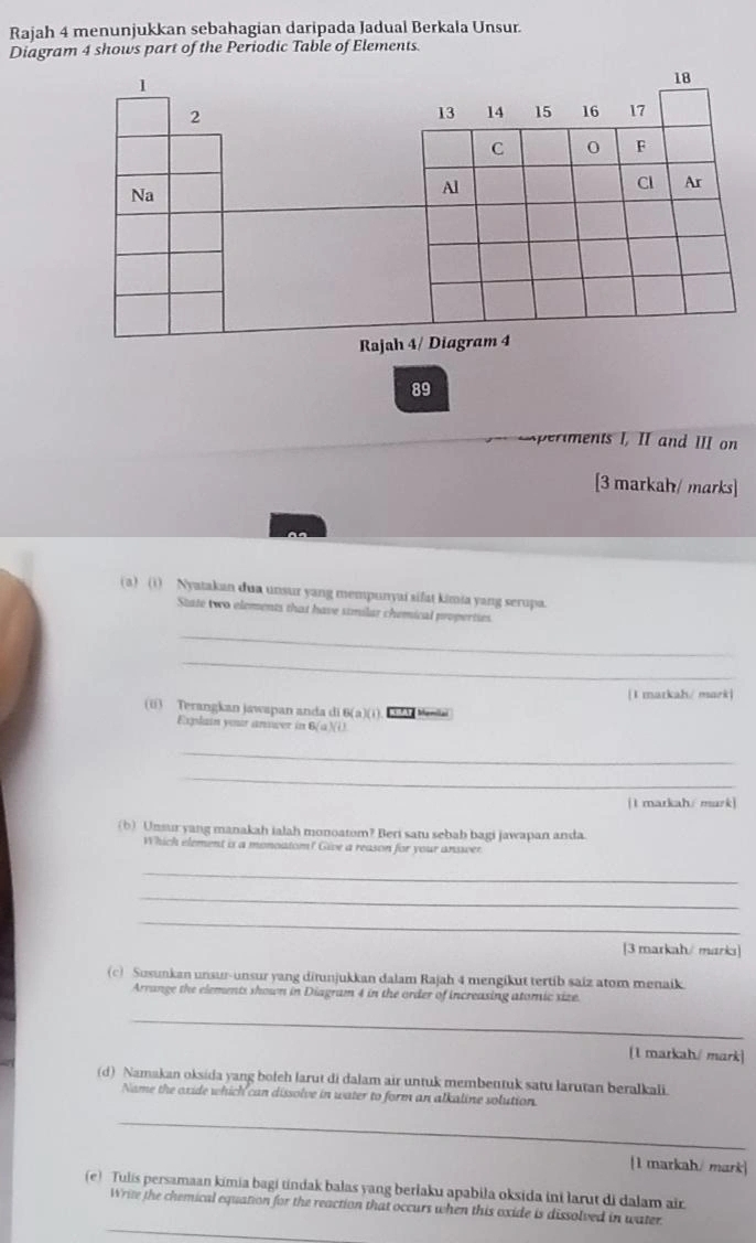 Rajah 4 menunjukkan sebahagian daripada Jadual Berkala Unsur. 
Diagram 4 shows part of the Periodic Table of Elements. 
89 
eperiments I, II and III on 
[3 markah/ marks] 
(a) (i) Nyatakan dua unsur yang mempunyai aifat kimia yang serupa. 
State two elements that have similar chemical properties 
_ 
_ 
[1 markah/ mark] 
(i) Terangkan jawapan anda di 6(a)(i) t Menilai 
Explain your answer in 6(a )(i 
_ 
_ 
|t markah/ mark] 
(b) Unsur yang manakah ialah monoatom? Beri satu sebab bagi jawapan anda. 
Which element is a monoatom? Give a reason for your answer 
_ 
_ 
_ 
[3 markah/ marks] 
(c) Susunkan unsur-unsur yang ditunjukkan dalam Rajah 4 mengikut tertib saiz atom menaik. 
Arrange the elements shown in Diagram 4 in the order of increasing atomic size. 
_ 
[1 markah/ mark] 
(d) Namakan oksida yang bofeh larut di dalam air untuk membentuk satu larutan beralkali. 
Name the oxide which can dissolve in water to form an alkaline solution. 
_ 
[1 markah/ mark] 
(e) Tulis persamaan kimia bagi tindak balas yang berlaku apabila oksida ini larut di dalam air. 
_ 
Write the chemical equation for the reaction that occurs when this oxide is dissolved in water.