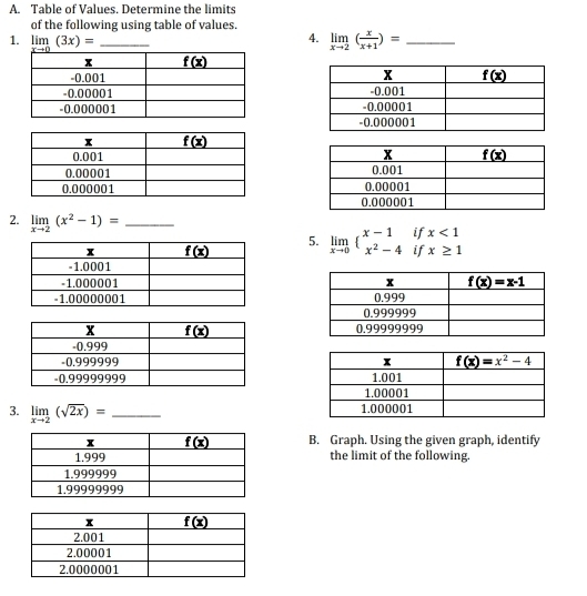 Table of Values. Determine the limits
of the following using table of values.
4.
1. limlimits _xto 0(3x)= _ limlimits _xto 2( x/x+1 )= _
2. limlimits _xto 2(x^2-1)= _ beginarrayr x<1 x≥ 1endarray
if
5. limlimits _xto 0beginarrayl x-1 x^2-4endarray. if
 
3. limlimits _xto 2(sqrt(2x))= _
B. Graph. Using the given graph, identify
the limit of the following.