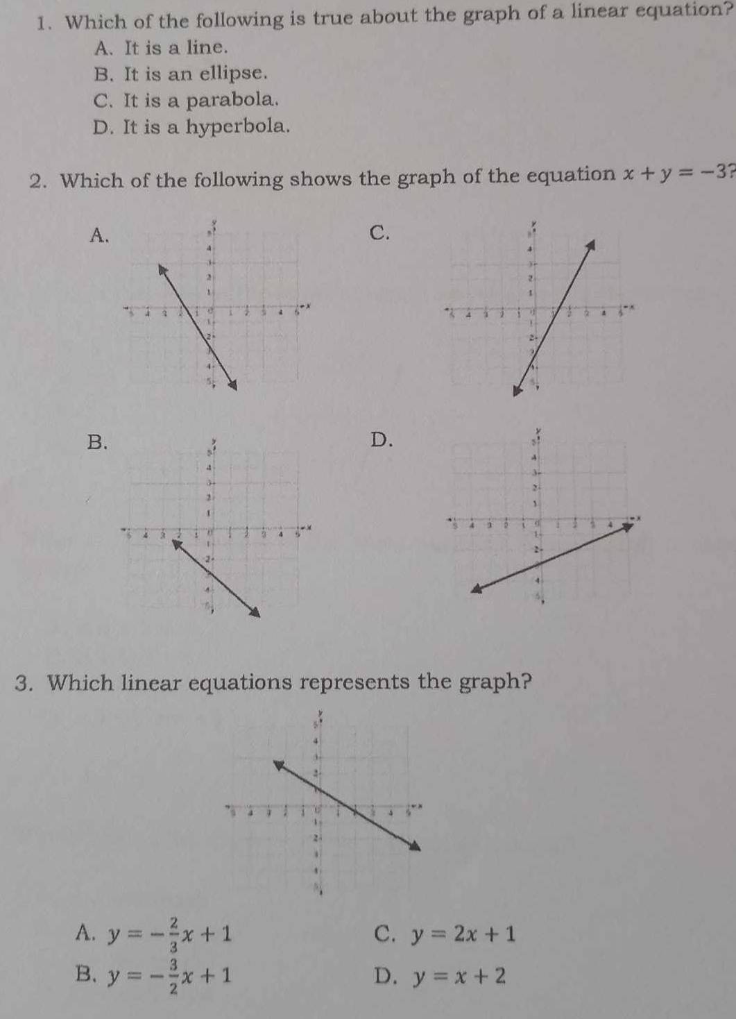 Which of the following is true about the graph of a linear equation?
A. It is a line.
B. It is an ellipse.
C. It is a parabola.
D. It is a hyperbola.
2. Which of the following shows the graph of the equation x+y=-3
A.
C.

B.
D.
3. Which linear equations represents the graph?
A. y=- 2/3 x+1 C. y=2x+1
B. y=- 3/2 x+1
D. y=x+2