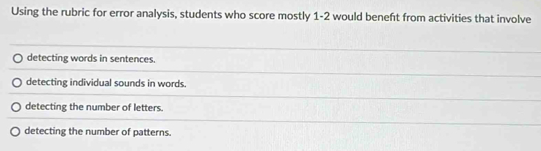 Using the rubric for error analysis, students who score mostly 1-2 would beneft from activities that involve
detecting words in sentences.
detecting individual sounds in words.
detecting the number of letters.
detecting the number of patterns.