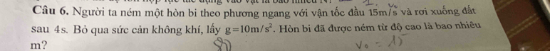 Người ta ném một hòn bi theo phương ngang với vận tốc đầu 15m/s và rơi xuống đất 
sau 4s. Bỏ qua sức cản không khí, lấy g=10m/s^2. Hòn bi đã được ném từ độ cao là bao nhiêu
m?