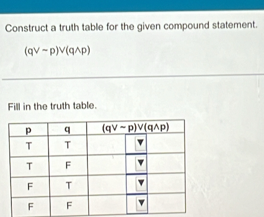 Construct a truth table for the given compound statement.
(qvee sim p)vee (qwedge p)
Fill in the truth table.