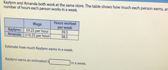 Kaylynn and Amanda both work at the same store. The table shows how much each person earns, ar 
number of hours each person works in a week. 
Estimate how much Kaylynn earns in a week. 
Kaylynn earns an estimated $ in a week.