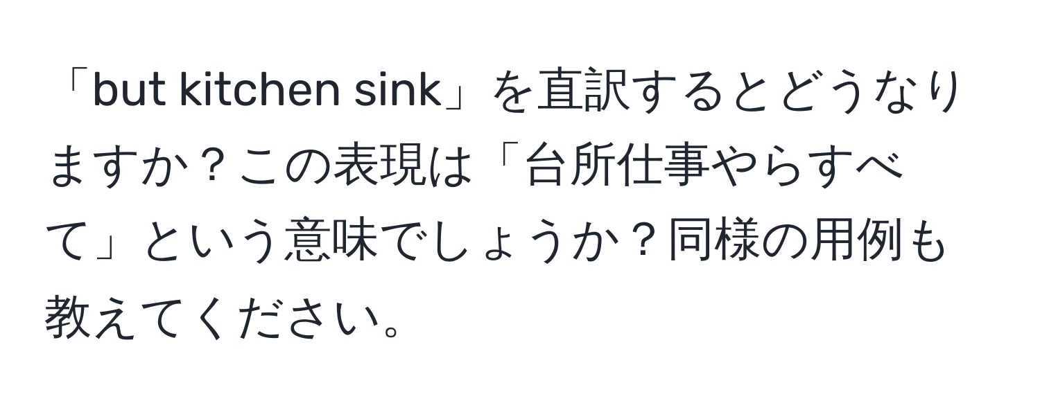 「but kitchen sink」を直訳するとどうなりますか？この表現は「台所仕事やらすべて」という意味でしょうか？同様の用例も教えてください。