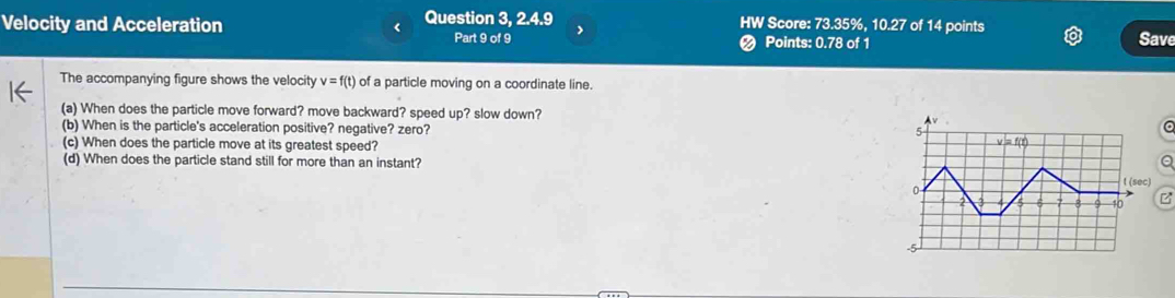 Velocity and Acceleration Question 3, 2.4.9 HW Score: 73.35%, 10.27 of 14 points
Part 9 of 9 Ø Points: 0.78 of 1
Save
The accompanying figure shows the velocity v=f(t) of a particle moving on a coordinate line.
(a) When does the particle move forward? move backward? speed up? slow down? 
(b) When is the particle's acceleration positive? negative? zero? 
C
(c) When does the particle move at its greatest speed?
(d) When does the particle stand still for more than an instant?
)