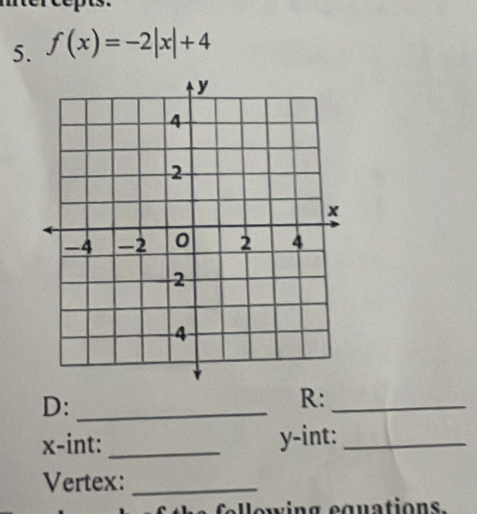 f(x)=-2|x|+4
D:_ 
R:_
x -int: _ y -int:_ 
Vertex:_