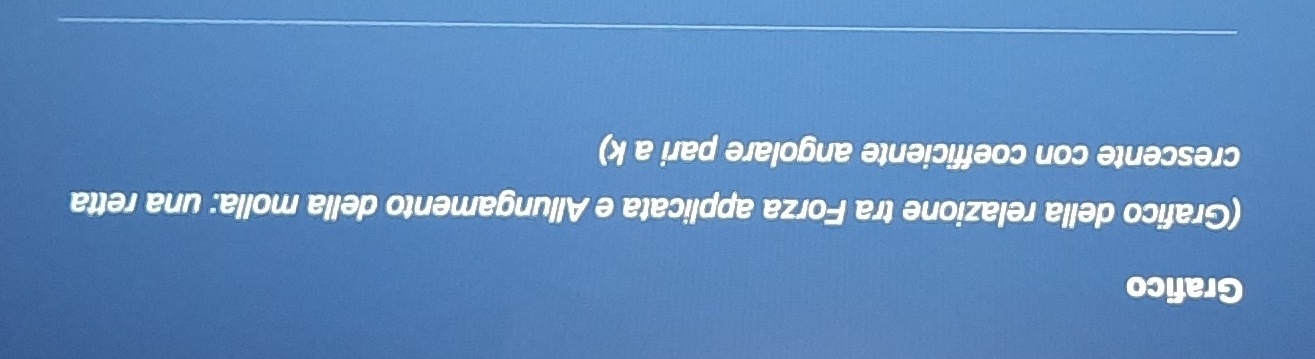 Grafico 
(Grafico della relazione tra Forza applicata e Allungamento della molla: una retta 
crescente con coefficiente angolare pari a k) 
_ 
_