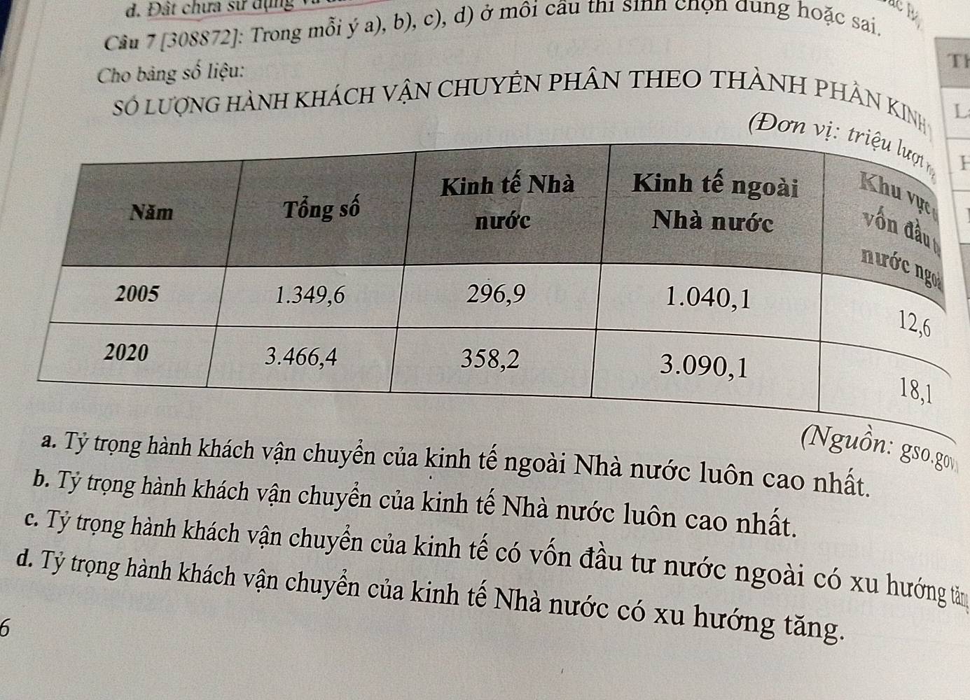 Đất chưa sư dụng v
Cầu 7 [308872]: Trong mỗi ý a), b), c), d) ở môi cầu thi sinn chọn dung hoặc sai.
Cho bảng số liệu:
Th
Số lượNG HàNH KHáCH VậN CHUYÊN PHÂN THEO THÀNH PHÂN KINH
L
Đơn I
(Nguồn: gso.go
a. Tỷ trọng hành khách vận chuyển của kinh tế ngoài Nhà nước luôn cao nhất.
b. Tỷ trọng hành khách vận chuyển của kinh tế Nhà nước luôn cao nhất.
c. Tỷ trọng hành khách vận chuyển của kinh tế có vốn đầu tư nước ngoài có xu hướng tân
d. Tỷ trọng hành khách vận chuyển của kinh tế Nhà nước có xu hướng tăng.
6