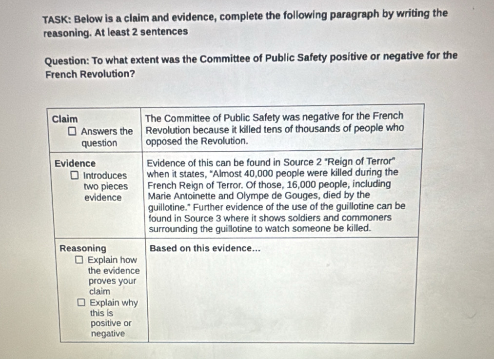 TASK: Below is a claim and evidence, complete the following paragraph by writing the
reasoning. At least 2 sentences
Question: To what extent was the Committee of Public Safety positive or negative for the
French Revolution?