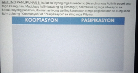 ARALING PANLIPUNAN 6; Isulat sa inyong mga kuwaderno (Asynchronous Activity page) ang 
mga kasagutan. Magbigay halimbawa ng tig-lilimang(5) halimbawa ng mga sitwasyon sa 
kasalukuyang panahon, ito man ay iyong sariling karanasan o mga pagkakataon na kung saan 
ito’y dulot ng “Kooptasyon” at “Pasipika