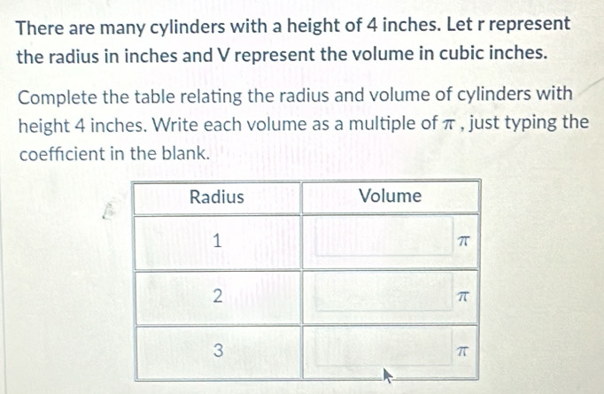 There are many cylinders with a height of 4 inches. Let r represent 
the radius in inches and V represent the volume in cubic inches. 
Complete the table relating the radius and volume of cylinders with 
height 4 inches. Write each volume as a multiple of π , just typing the 
coeffcient in the blank.