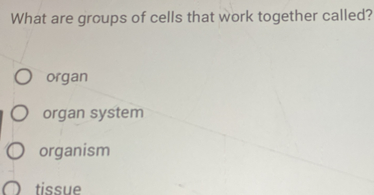 What are groups of cells that work together called?
organ
organ system
organism
tissue