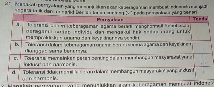 as Märe 
21. Manakah pernyataan yang menunjukkan akan keberagaman membuat Indonesia menjadi 
negara unik dan mena 
* 2 Manakah nernyataan vang menunjukkan akan keberagaman membuat Indonst