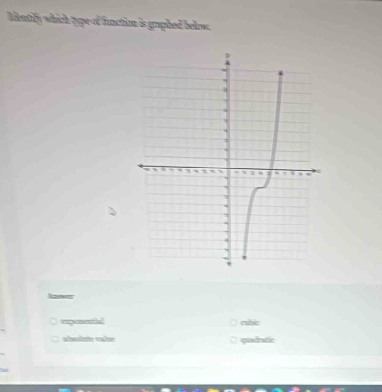 Mentify which type of function is graphed below.
Rser
cubic
alaine wler qua datic