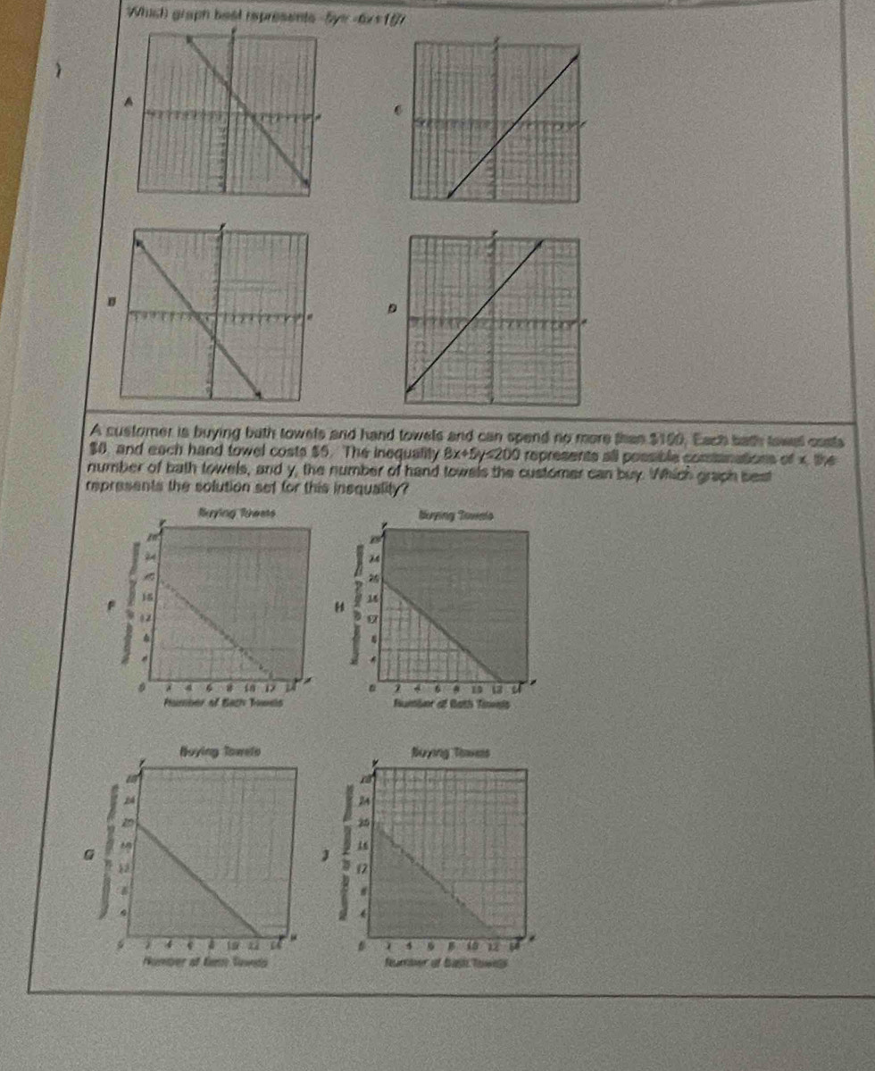 Whic graph best represents by -6x+10
A
D
A customer is buying buth towels and hand towels and can spend no more than $100, Each bath towe casts
$8, and each hand towel costs $5. The inequality 8x+5y≤ 200 represents all possible comanations of x, the
number of bath towels, and y, the number of hand towels the customer can buy. Which graph best
represents the solution set for this insquality?