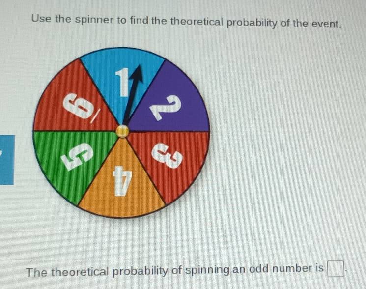 Use the spinner to find the theoretical probability of the event. 
The theoretical probability of spinning an odd number is □.