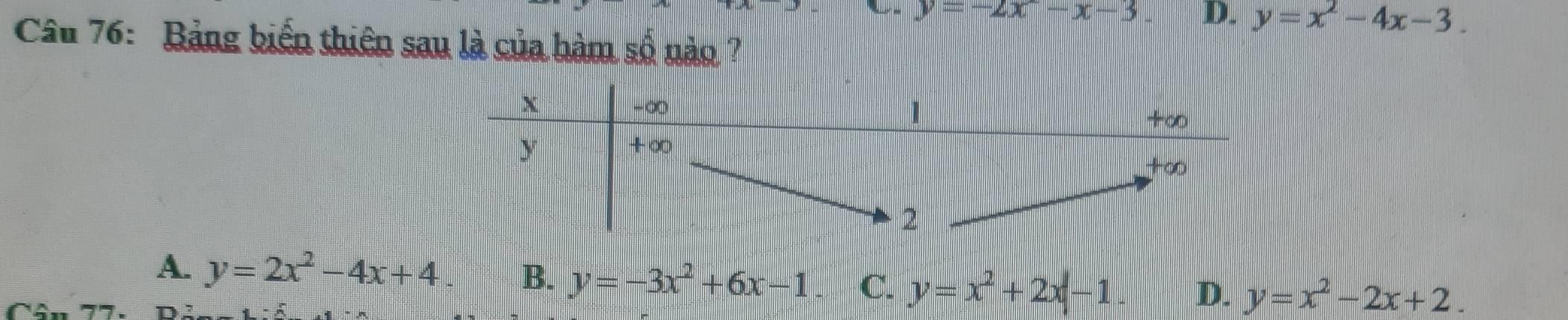 y=-2x^2-x-3. D. y=x^2-4x-3. 
Câu 76: Bảng biến thiên sau là của hàm số nào ?
A. y=2x^2-4x+4 B. y=-3x^2+6x-1 C. y=x^2+2x-1. D. y=x^2-2x+2.