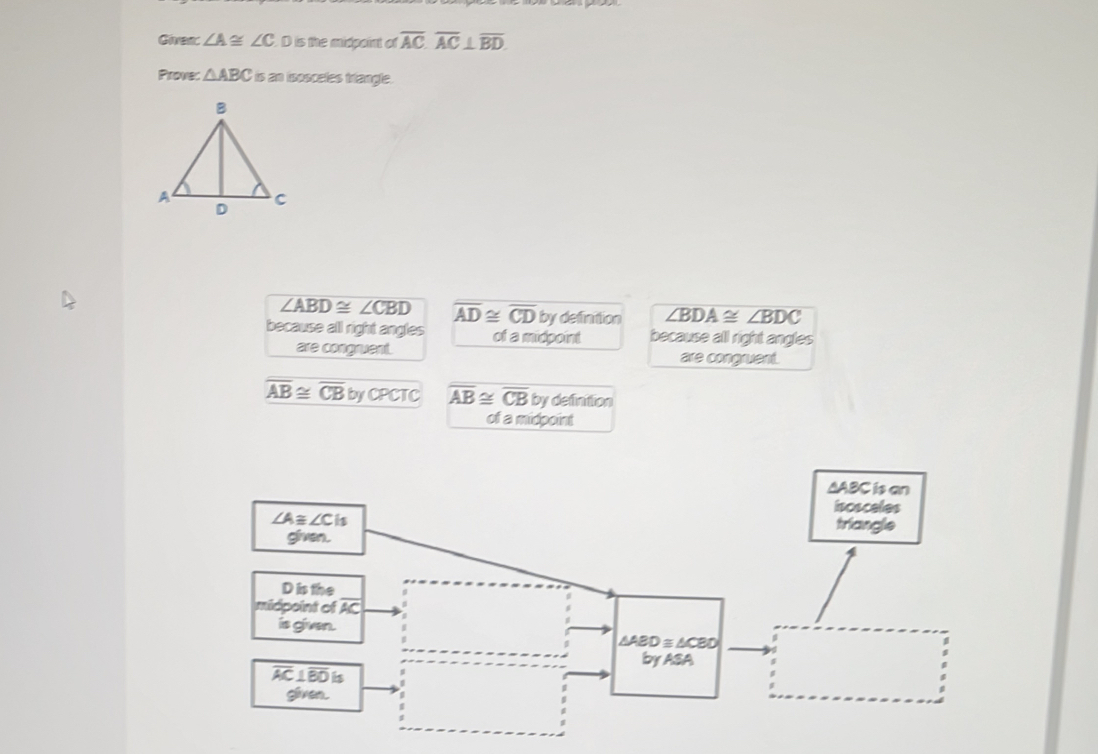 Given ∠ A≌ ∠ C D is the midpoint of overline AC.overline AC⊥ overline BD
Prove: △ ABC is an isosceles triangle.
∠ ABD≌ ∠ CBD overline AD≌ overline CD by definition / BDA≌ ∠ BDC
because all right angles of a midpoint because all right angles
are congruent. are congruent.
overline AB≌ overline CB by CPCTC overline AB≌ overline CB by definition
of a midpoint
∆ABC is an
isosceles
triangle