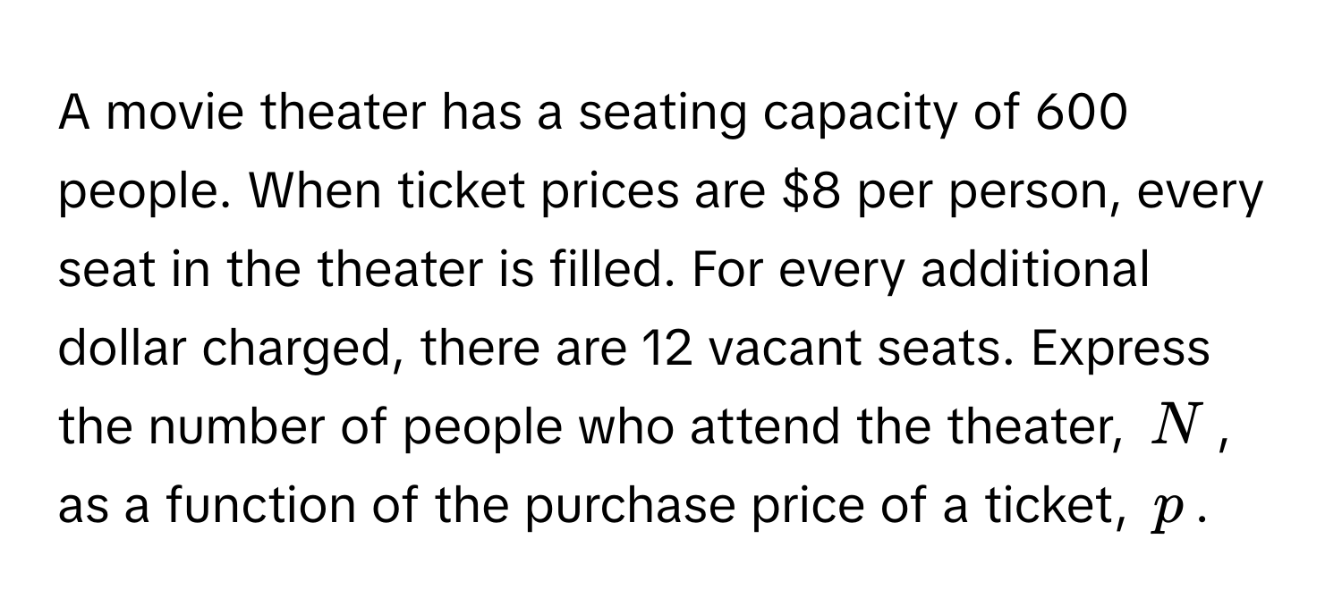 A movie theater has a seating capacity of 600 people. When ticket prices are $8 per person, every seat in the theater is filled. For every additional dollar charged, there are 12 vacant seats. Express the number of people who attend the theater, $N$, as a function of the purchase price of a ticket, $p$.