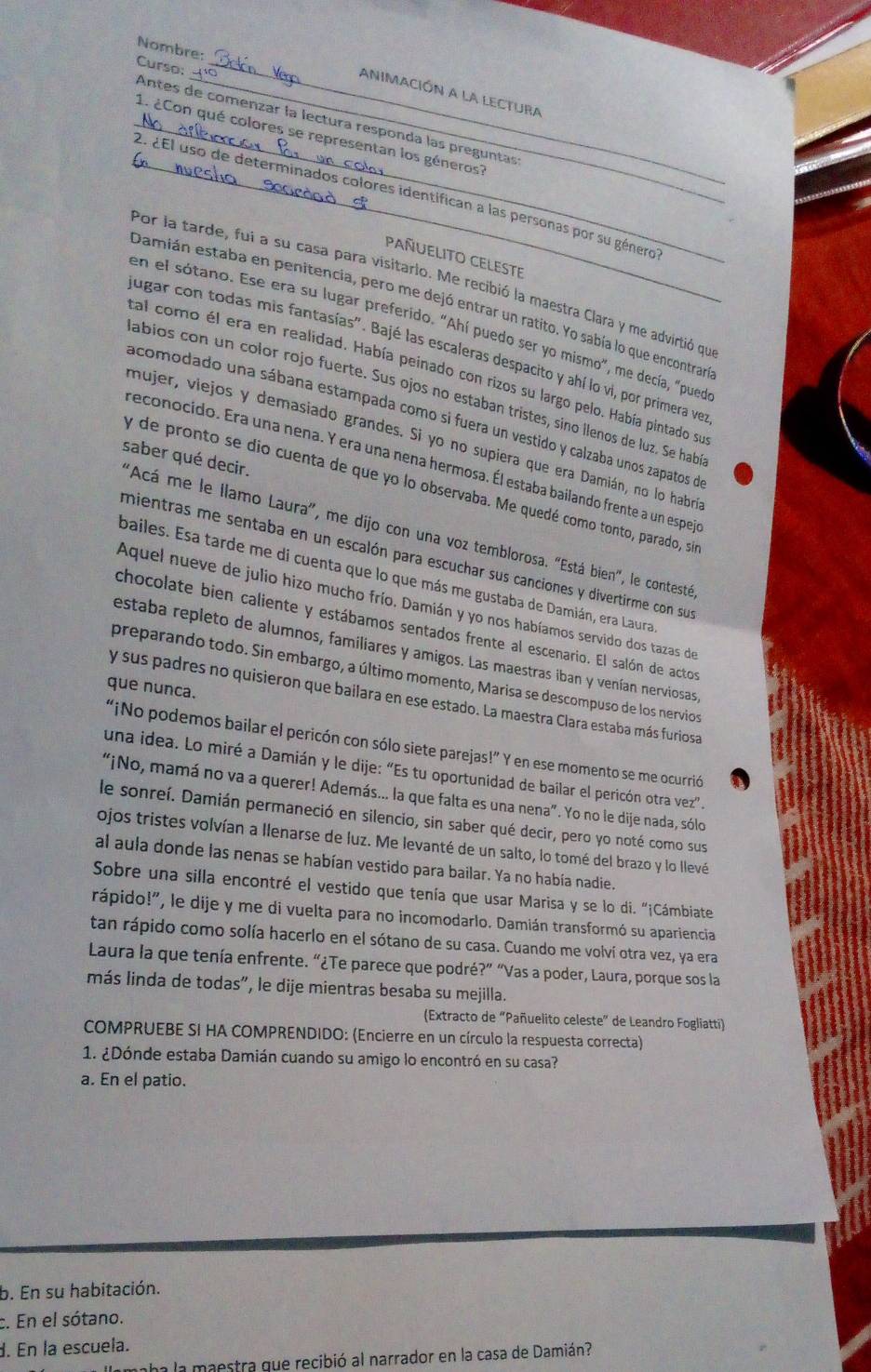 Resuelto:Nombre: Curso:_ _ANIMACIÓN a La LECTURa Antes de comenzar la ...