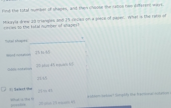 Find the total number of shapes, and then choose the ratios two different ways.
Mikayla drew 20 triangles and 25 circles on a piece of paper. What is the ratio of
circles to the total number of shapes?
Total shapes_
Word notation 25 to 65
Odds notation 20 plus 45 equals 65
25 65
8) Select the 25 to 45
possible. 20 plus 25 equals 45 xoblem below? Simplify the fractional notation 
What is the fr