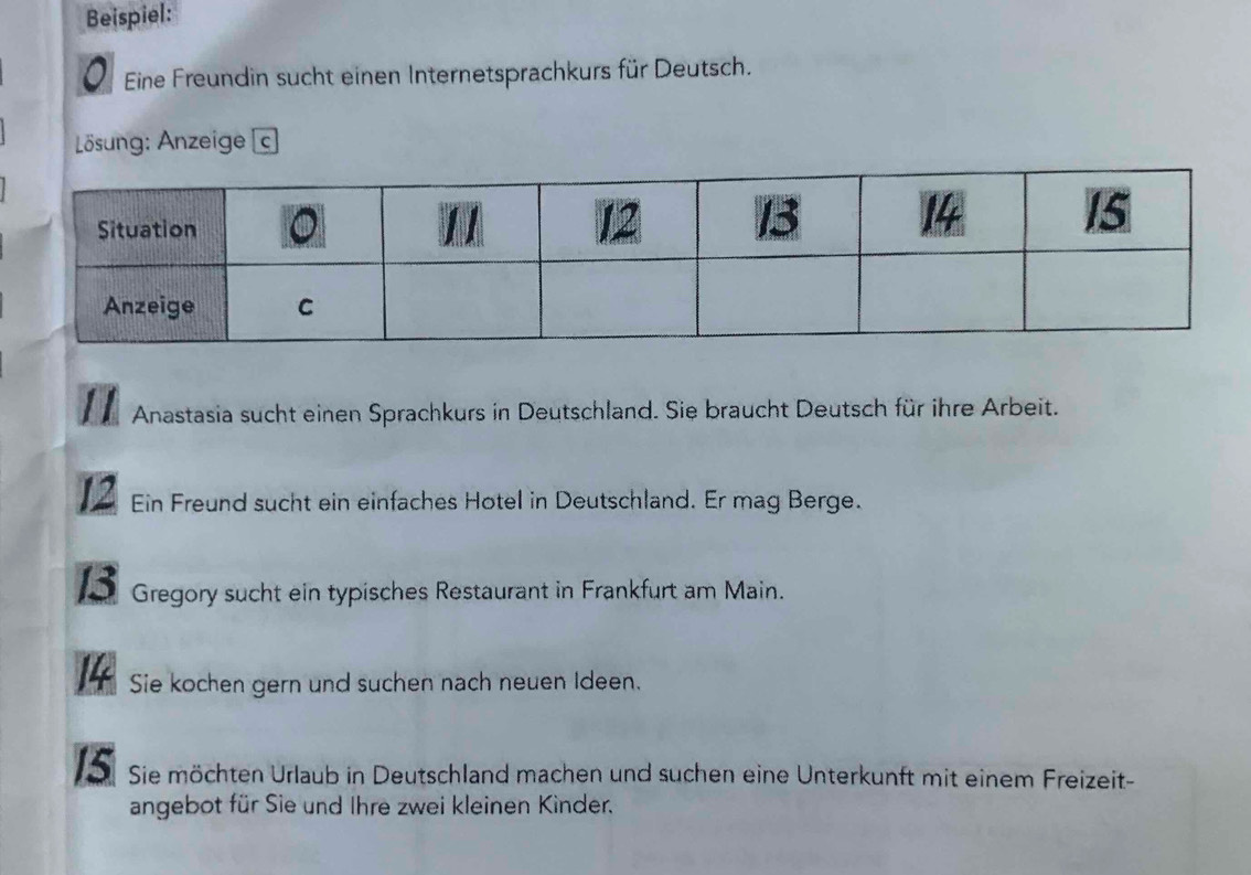 Beispiel: 
Eine Freundin sucht einen Internetsprachkurs für Deutsch. 
Lösung: Anzeige c 
11 Anastasia sucht einen Sprachkurs in Deutschland. Sie braucht Deutsch für ihre Arbeit. 
12 Ein Freund sucht ein einfaches Hotel in Deutschland. Er mag Berge. 
3 Gregory sucht ein typisches Restaurant in Frankfurt am Main. 
14 Sie kochen gern und suchen nach neuen Ideen. 
15 Sie möchten Urlaub in Deutschland machen und suchen eine Unterkunft mit einem Freizeit- 
angebot für Sie und Ihre zwei kleinen Kinder.