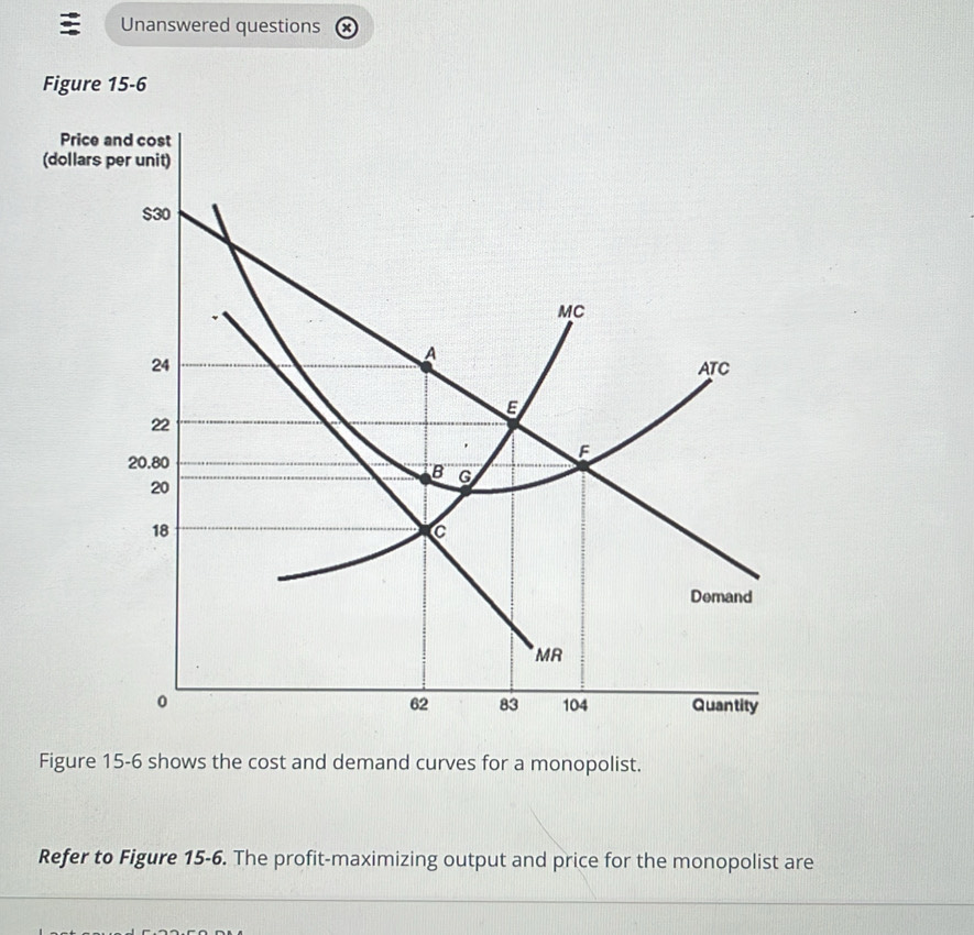 Unanswered questions 
Figure 15-6 
Price and cost 
(dolla 
Figure 15-6 shows the cost and demand curves for a monopolist. 
Refer to Figure 15-6. The profit-maximizing output and price for the monopolist are 
_ 
_