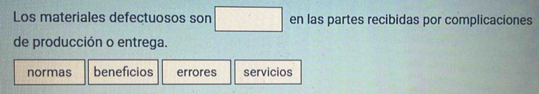 Los materiales defectuosos son □ en las partes recibidas por complicaciones
de producción o entrega.
normas beneficios errores servicios